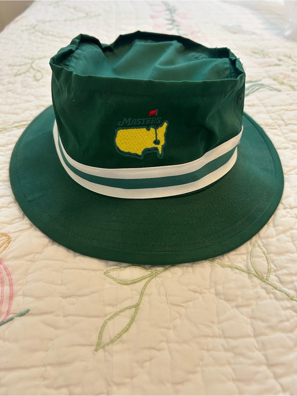 American Needle Masters Green Bucket Hat with Yellow Logo and White Stripes